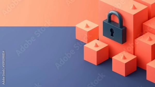 Fototapeta Social Media Regulation Concept. A stylized illustration of a padlock surrounded by geometric blocks, representing security and protection in a vibrant color palette.
