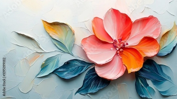 Fototapeta Abstract oil painting of a delicate flower and vibrant leaf with textured brushstrokes on a clean white background, emphasizing organic beauty and calming elegance for greeting card designs.