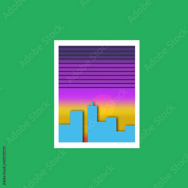 Obraz Window Illustration in Flat Design - Sunset - Green Background