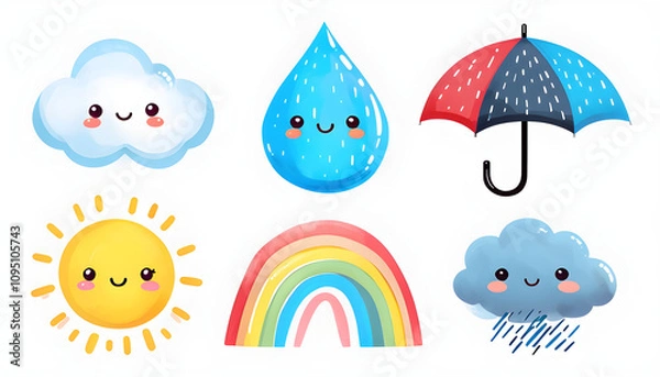 Obraz Smiling Cloud, Cheerful Raindrop, Winking Umbrella, Playful Sun, Happy Rainbow, Cute Storm Cloud