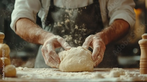 Fototapeta Flour dusts the air as a baker skillfully kneads dough on a rustic wooden surface preparing for delicious creations ahead