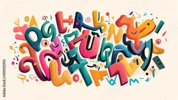 Fototapeta Colorful abstract typography design featuring playful letters and vibrant shapes for modern creativity and artistic inspiration.