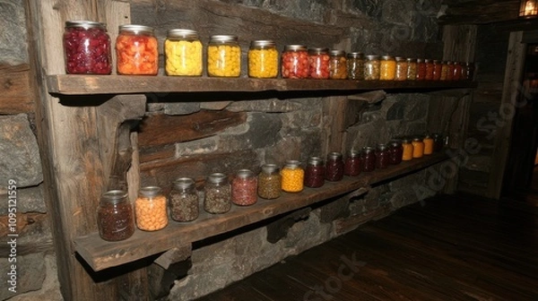 Fototapeta Rustic Wooden Shelves Displaying Colorful Jars of Preserved Fruits and Vegetables in an Old Stone Cabin Interior for a Charming Culinary Backdrop