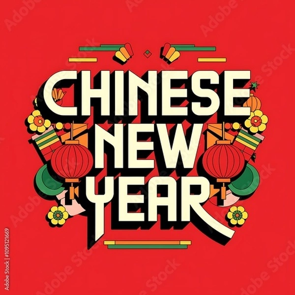 Fototapeta Chinese New Year festive graphic design with stylized lettering and imagery