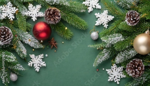 Obraz A green christmas background with pine cones and red and white balls on the branches.