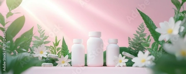 Fototapeta Herbal and alternative supplements in a zeninspired natural setting, 3D illustration