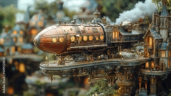 Fototapeta A detailed steampunk airship above a fantastical cityscape, showcasing intricate designs.