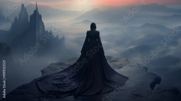 Fototapeta Superwoman in dark coat standing on rock, showcasing victory against a stunning sky backdrop