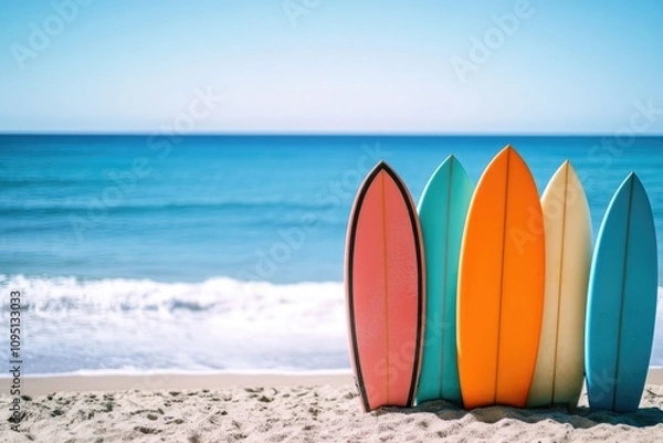 Fototapeta A collection of surfboards laid out on the sand, ready for use or storage