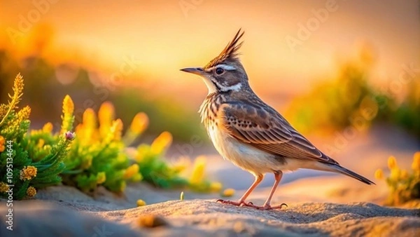 Fototapeta Tilt-Shift Photography of a Crested Lark Walking on a Desert Landscape in Riffa, Bahrain, Showcasing Unique Flora and Fauna in a Miniature Style