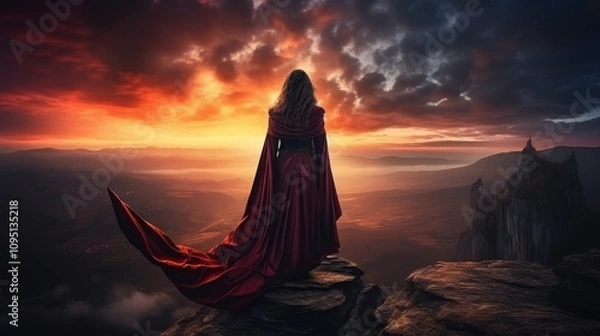 Fototapeta Superwoman in dark coat triumphs over the world from a rock with a stunning sky view behind her