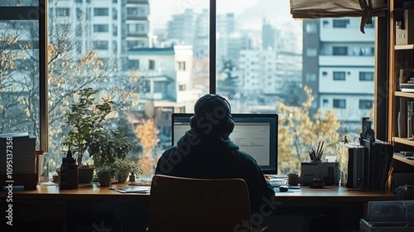 Fototapeta Person working at a desk with a computer, overlooking a cityscape through a window.