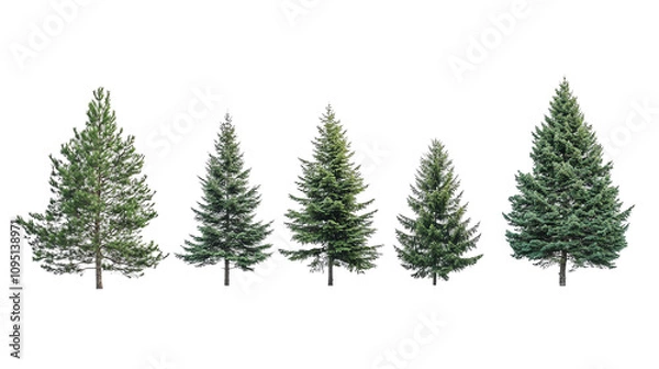 Fototapeta Evergreen trees, white isolate background