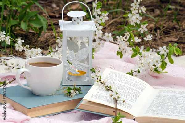 Obraz Spring still life with books and Cup of coffee