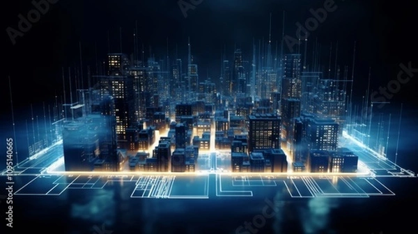 Fototapeta Futuristic cityscape created by glowing particles on a dark blue background, abstract design