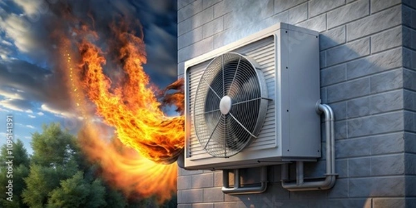 Obraz Air Conditioner on Fire A 3D Rendering of an AC Unit With Blazing Flames Erupting From Its Fan