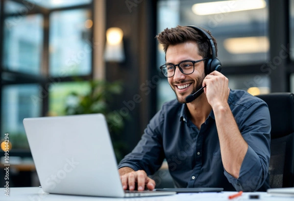 Fototapeta Smiling Customer Support Agent Using Laptop in Modern Office