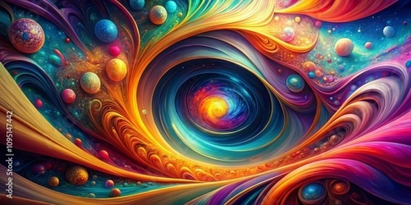 Fototapeta Cosmic Tapestry Whirling Galaxies and Vibrant Planets in a Swirling, Abstract Landscape
