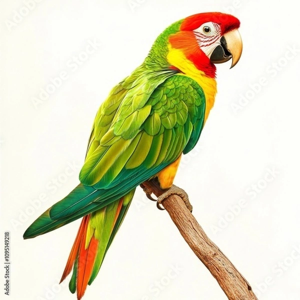 Fototapeta Vibrant Tropical Parrot Displaying Striking Green and Red Feathers on a Perch Against a Clean Background