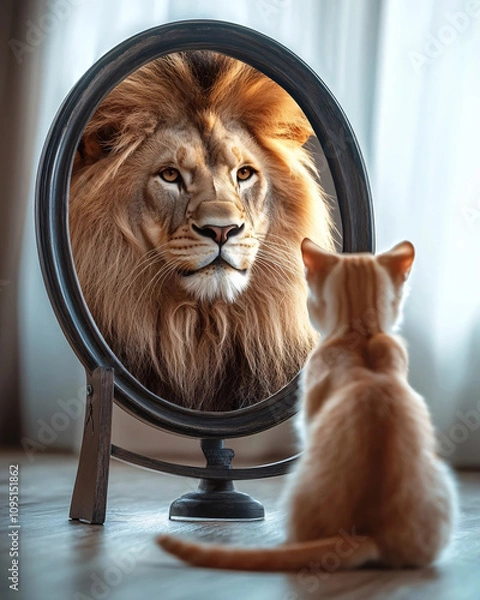 Obraz A cat looking into a mirror and seeing the reflection of a lion, symbolizing inner strength and self-confidence