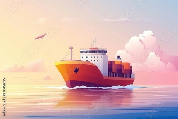 Obraz Vibrant Freight Ship Sailing Through Calm Waters at Sunset with Colorful Clouds and Tranquil Sea, Ideal for Transport and Logistics Concepts