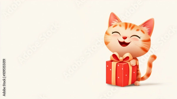 Fototapeta Happy cartoon orange kitten holding a red gift box with a bow on a clean white background. Minimal festive banner or postcard with empty copy space. Birthday or Christmas present