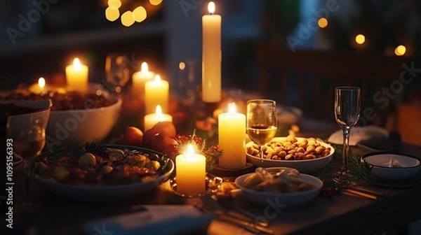 Obraz A cozy dinner setting with candles and festive food for celebration.