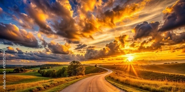 Fototapeta Golden Hour Road A Winding Path Through Dramatic Sunset Skies and Rolling Hills