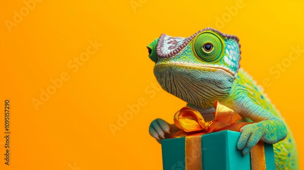 Fototapeta Vibrant chameleon holding a colorful gift box with a ribbon against a bold yellow background. Minimal festive banner or postcard with empty copy space. Birthday or Christmas present