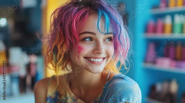 Fototapeta Colorful strands of temporary dye showcase a joyful girl in a lively salon atmosphere celebrating her cheerful hair transformation