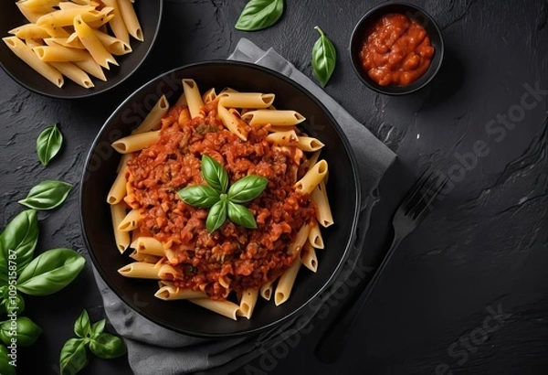 Fototapeta A bowl of penne pasta with minced meat and tomato sauce on a dark stone background