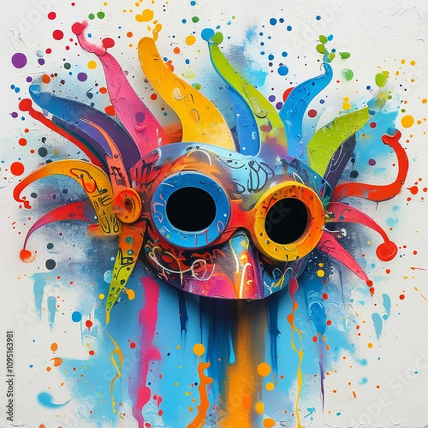 Fototapeta Vibrant and playful abstract mask with colorful tendrils on a textured background