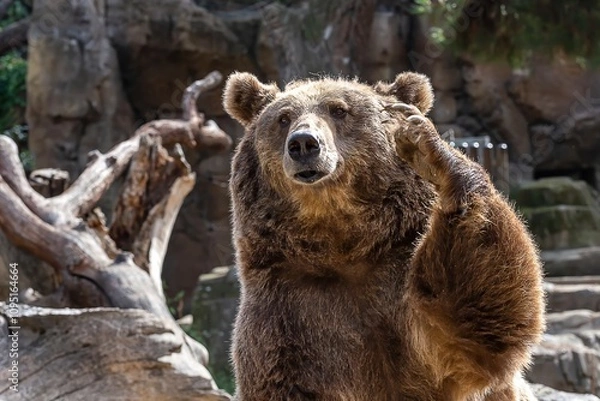 Fototapeta Big brown bear looks at the camera in close-up raising one of the front paws