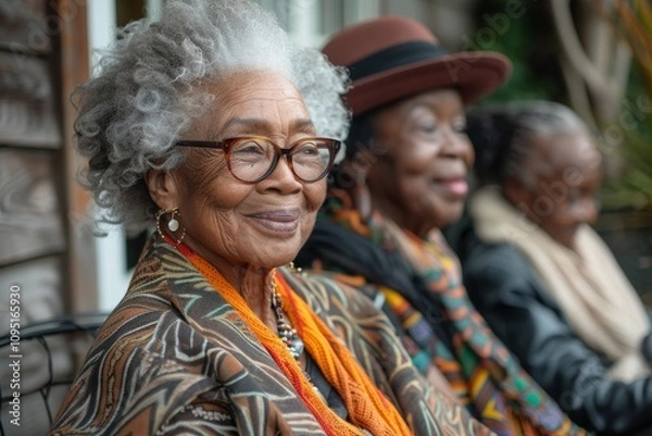 Fototapeta A group of older female friends from diverse ethnic backgrounds laugh together while sharing skincare tips on a cozy patio.
