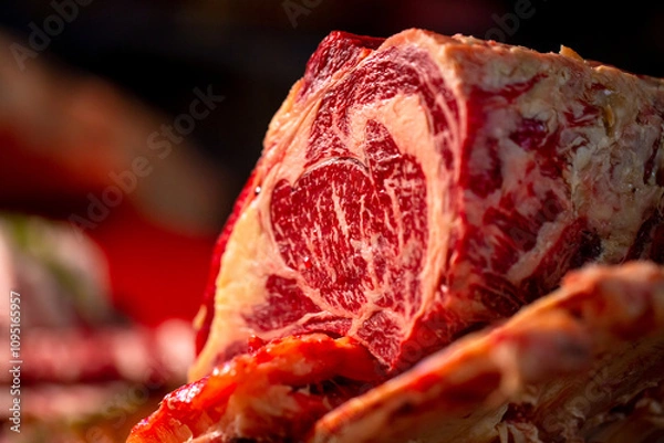 Fototapeta Close up ribeye steak on a wooden table in a butcher shop. Juicy fresh meat steak on board with different meat goods around.