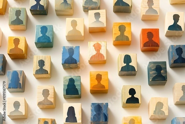 Obraz Overhead Flat Lay Multiethnic Workforce Equality Silhouettes on Cubes