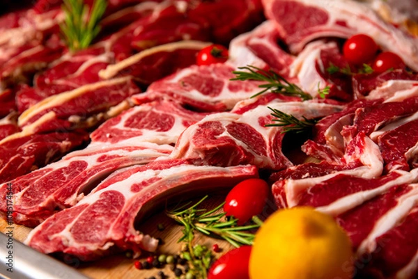 Fototapeta Fresh raw lamb carcass ready for sale on display on a wooden table in a butcher shop with other meat products. Displayed raw lamb body for sale.