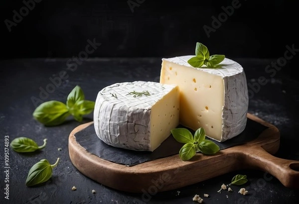 Obraz A close-up of homemade vegan cheese on a black background