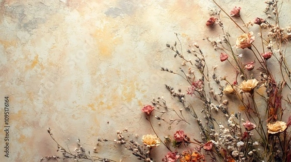 Fototapeta Dried floral botanical arrangement with soft muted neutral tones and earthy accents creating a natural rustic aesthetic background