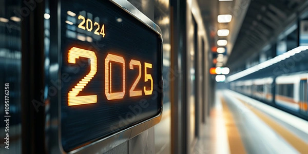 Fototapeta Digital display in a modern train station transitions from 2024 to 2025, symbolizing a journey into the new year.