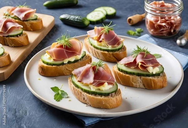 Obraz A plate of crostinis topped with cheese, cucumber, and smoked ham slices