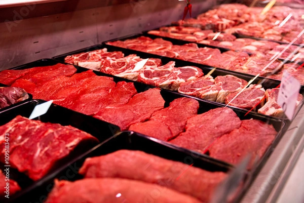 Fototapeta Raw beef meat freshly brought to market for sale. Selection of meat in a store. Food industry concept.
