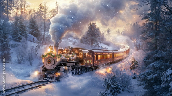 Fototapeta A magical Christmas train chugging through a snowy landscape, its windows glowing with warm light and decorated with festive garlands.