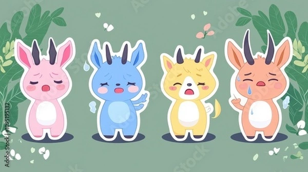 Obraz Adorable cartoon animals with playful expressions, featuring pink, blue, yellow, and orange characters with whimsical horns, perfect for children’s designs.
