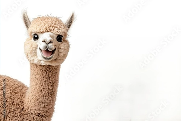 Fototapeta Alpaca with big grin and blank area for cute caption, animal meme template, adorable laughter