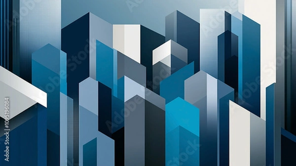 Fototapeta wide city facade with blue color different geometric shape buildings in white background and open sky 