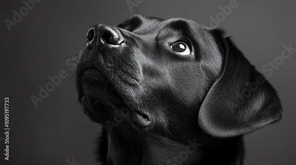 Fototapeta Black Labrador looking up with a thoughtful expression