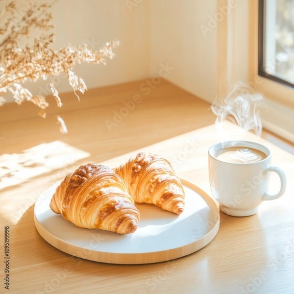 Obraz A cozy artisan bakery with freshly baked croissants and a steaming cup of latte