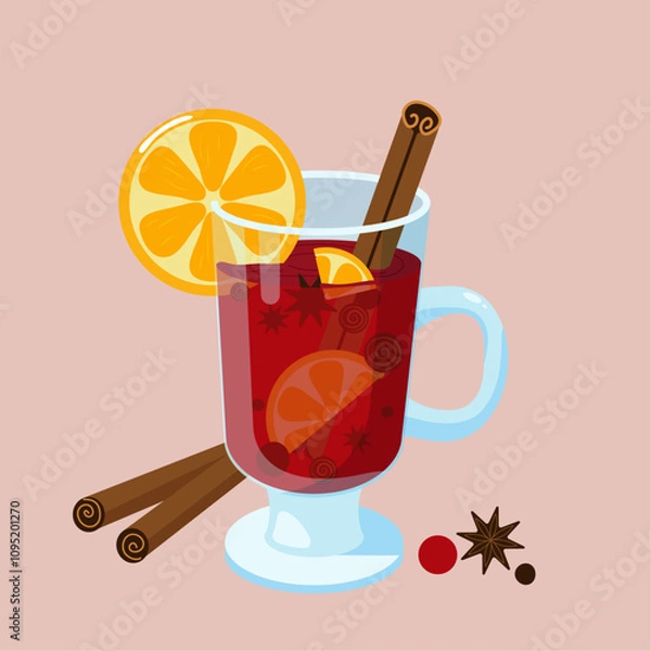 Fototapeta Christmas mulled wine with cinnamon, anise, orange, in glass cup in flat on pink background for posters, banners, icons 