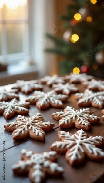 Fototapeta Decorated gingerbread snowflake cookies on a wooden table with a festive background for holiday celebrations